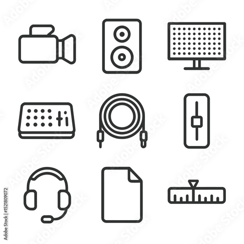 Multimedia Performance Icons. Outline icon set of multimedia performance: video camera, audio speaker, LED screen, control console