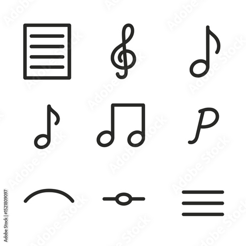 Music Notation Icons. Outline icon set of sheet music notation: staff paper, clef sign, note head, stem, beam, rest symbol,