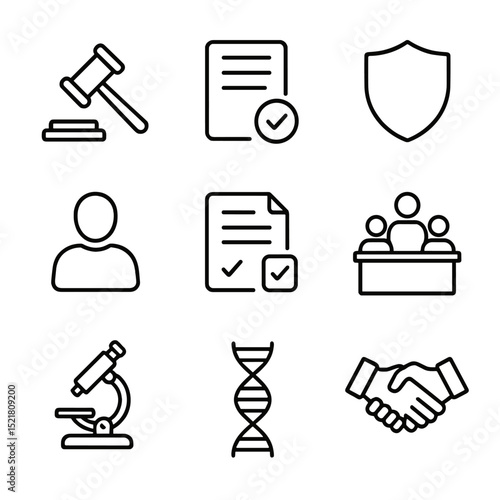 Regulatory Framework Icons. Outline icon set of regulatory and ethical framework: gavel, compliance document, shield badge,