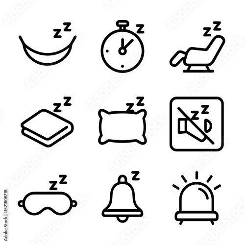 Napping Icon Set. Outline icon set of napping strategies: hammock, power nap timer, reclining chair, blanket, pillow, quiet zone
