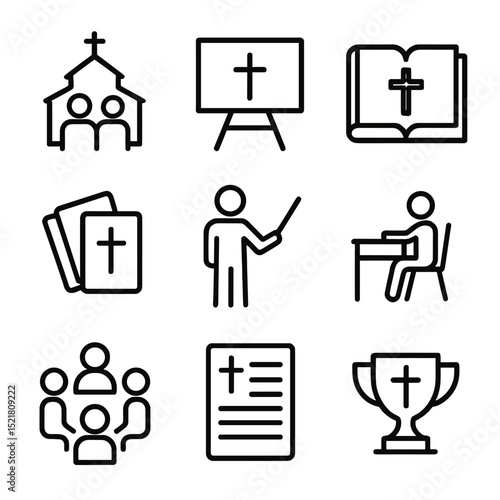Religious Education Icons. Outline icon set of religious education activities: Sunday school, chalkboard, study book, flashcards,
