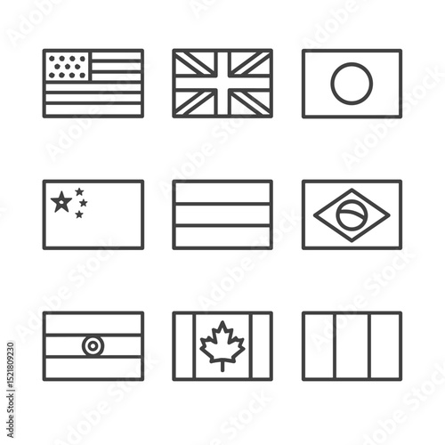 National Flag Icons. Outline icon set of national flags: United States flag, United Kingdom flag, Japan flag, China flag, Germany