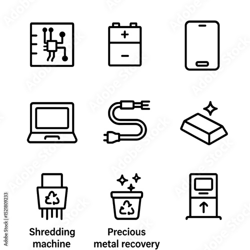 E-Waste Recycling Icons. Outline icon set of e-waste recycling: circuit board, battery pack, mobile phone, laptop chassis, wire