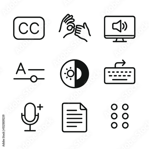 E-Learning Accessibility Icons. Outline icon set of accessibility features for e-learning: closed caption, sign-language hand,