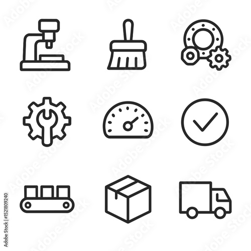 Remanufacturing Process Icons. Outline icon set of remanufacturing workflows: used machine silhouette, cleaning brush, parts pile,