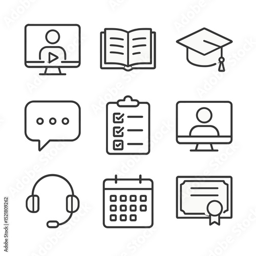 Remote Learning Icons. Outline icon set of remote learning environment: video lecture, e-book, graduation cap, chat bubble, quiz