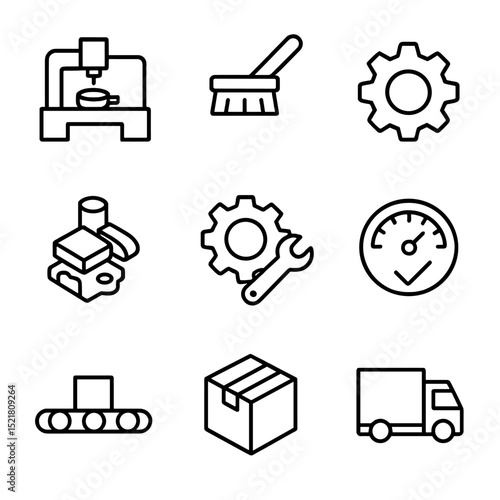Remanufacturing Process Icons. Outline icon set of remanufacturing workflows: used machine silhouette, cleaning brush, parts pile,