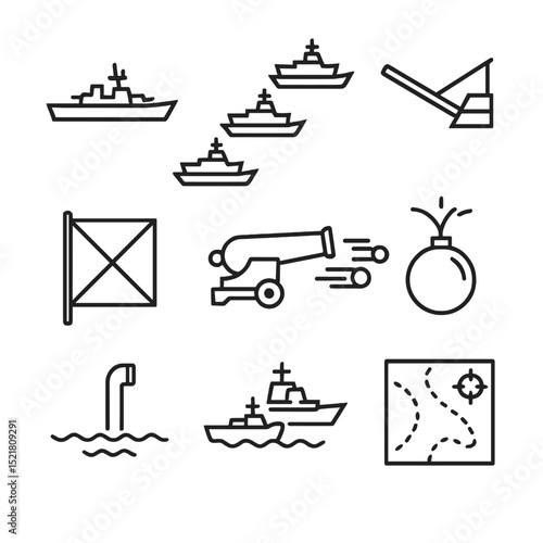 Naval Battle Icons. Outline icon set of naval battle coordination: warship silhouette, battle line, boarding plank, signal flag,