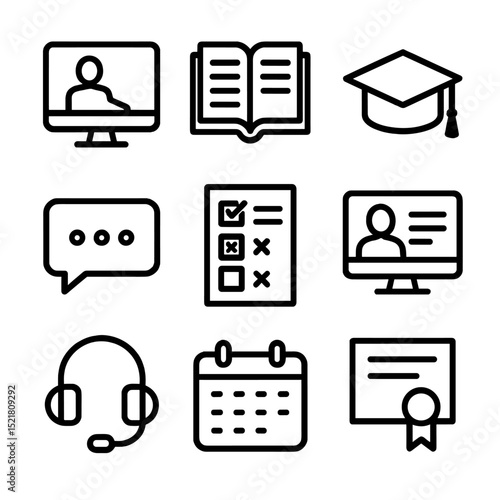 Remote Learning Icons. Outline icon set of remote learning environment: video lecture, e-book, graduation cap, chat bubble, quiz