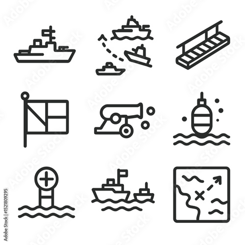 Naval Battle Icons. Outline icon set of naval battle coordination: warship silhouette, battle line, boarding plank, signal flag,