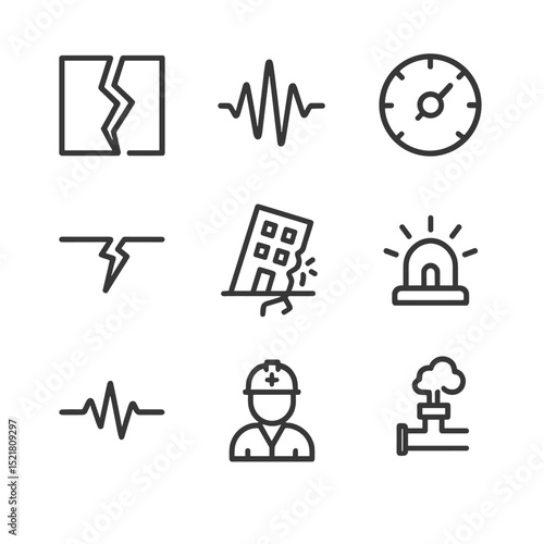 Earthquake Disaster Icons. Outline icon set of earthquake disaster: fault line, seismic wave, Richter scale gauge, cracked ground,