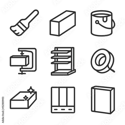 Edge Painting Icons. Outline icon set of edge painting treatments: brush stroke, colored edge, paint pot, clamp fixture, drying