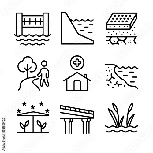 Resilience Infrastructure Icons. Outline icon set of resilience and adaptation infrastructure: flood barrier gate, seawall