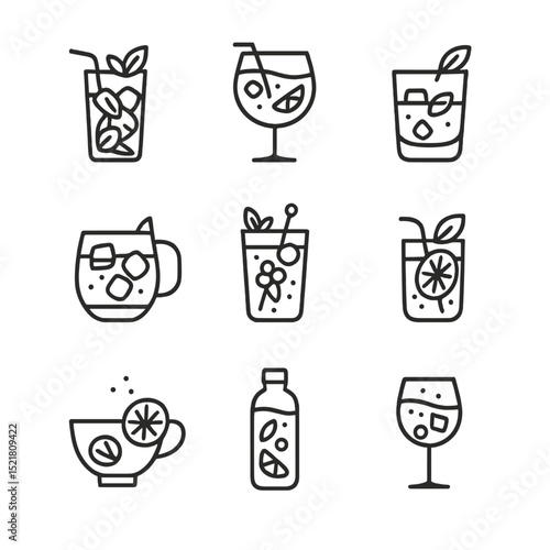 Non-Alcoholic Drink Icons. Outline icon set of non-alcoholic craft drinks: virgin mojito, alcohol-free gin & tonic, Seedlip sour,