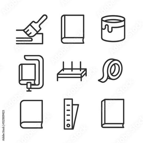Edge Painting Icons. Outline icon set of edge painting treatments: brush stroke, colored edge, paint pot, clamp fixture, drying