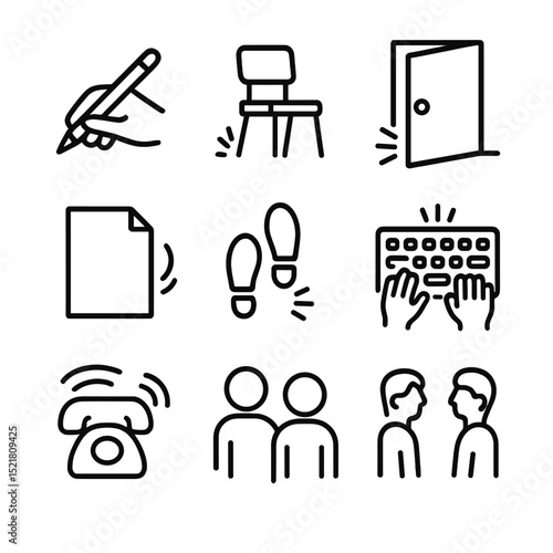Noise Source Icons. Outline icon set of noise source icons: pencil tapping, chair scraping, door creaking, paper rustling,