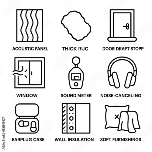 Noise Reduction Icon Set. Outline icon set of noise reduction techniques: acoustic panel, thick rug, door draft stopper, window