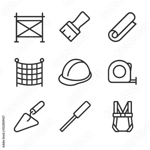 Restoration Tools Icons. Outline icon set of restoration and preservation tools: scaffolding scaffold, restoration brush,