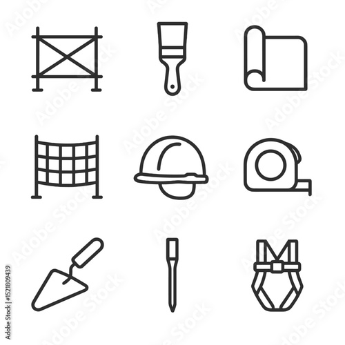 Restoration Tools Icons. Outline icon set of restoration and preservation tools: scaffolding scaffold, restoration brush,