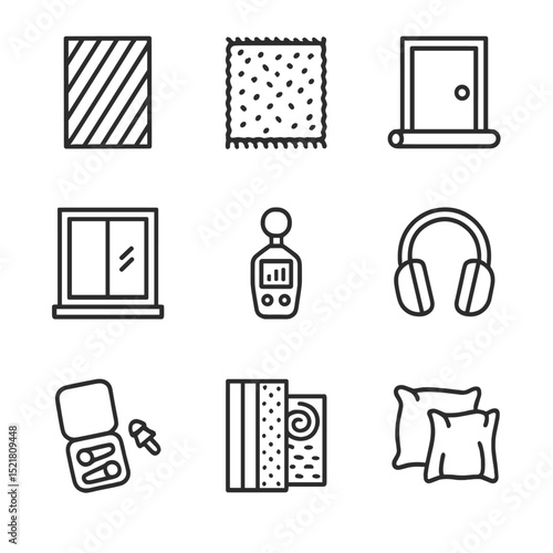 Noise Reduction Icon Set. Outline icon set of noise reduction techniques: acoustic panel, thick rug, door draft stopper, window