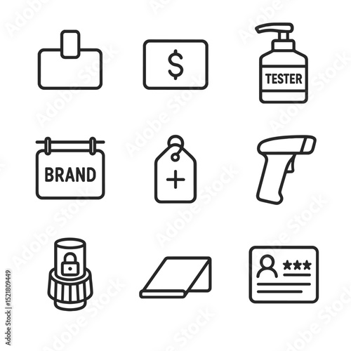 Retail Icon Set. Outline icon set of retail shampoo shelf display: shelf label tag, price sticker, product tester pump, brand logo