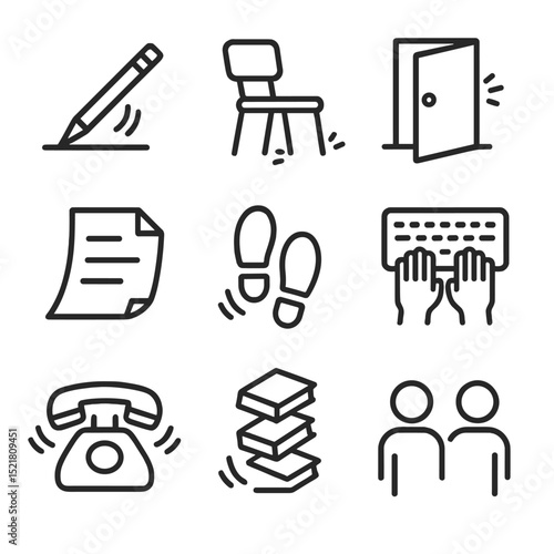Noise Source Icons. Outline icon set of noise source icons: pencil tapping, chair scraping, door creaking, paper rustling,