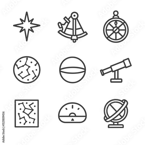 North Star Icons. Outline icon set of North Star navigation: Polaris star, sextant, astrolabe, celestial map, latitude circle,