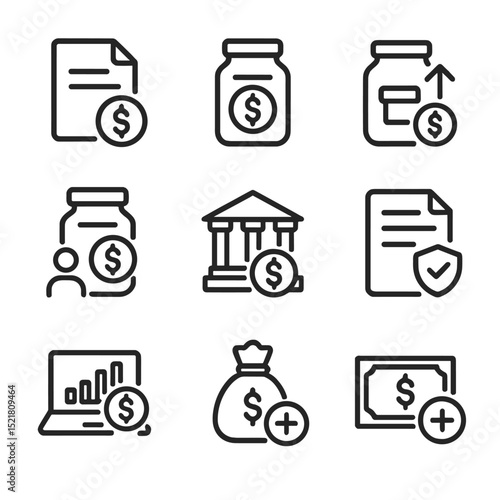 Retirement Plan Icons. Outline icon set of retirement savings plans: 401(k) plan, Traditional IRA, Roth IRA, SEP IRA, SIMPLE IRA,
