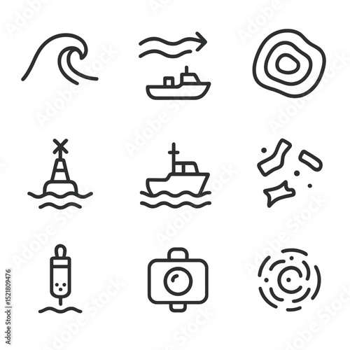 Ocean Icons Grid. Outline icon set of ocean environment elements: rolling wave, sea current arrow, depth contour, navigation buoy,