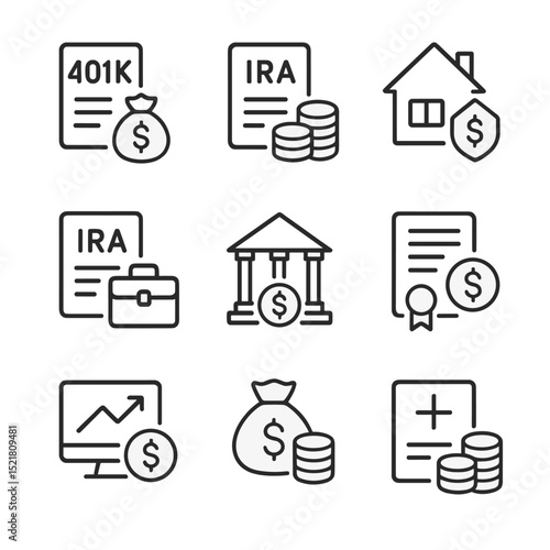 Retirement Plan Icons. Outline icon set of retirement savings plans: 401(k) plan, Traditional IRA, Roth IRA, SEP IRA, SIMPLE IRA,