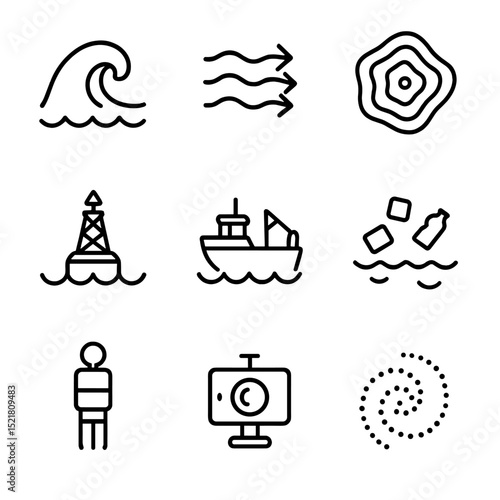 Ocean Icons Grid. Outline icon set of ocean environment elements: rolling wave, sea current arrow, depth contour, navigation buoy,