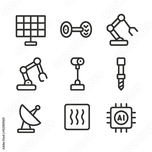 Robotic Rover Icons. Outline icon set of robotic planetary rovers: solar panel, wheel assembly, robotic arm, soil sampler, camera