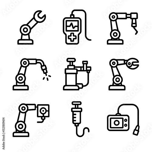 Robotic Tools Icons. Outline icon set of robotic maintenance tools: manipulator wrench, diagnostic scanner, torque arm, welding