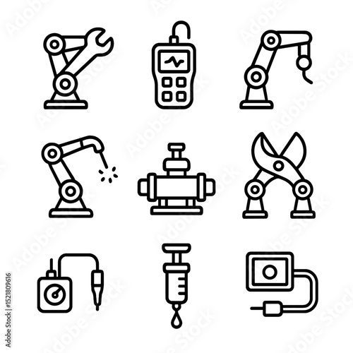 Robotic Tools Icons. Outline icon set of robotic maintenance tools: manipulator wrench, diagnostic scanner, torque arm, welding