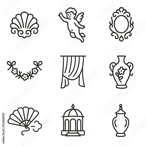Rococo Salon Icons. Outline icon set of Rococo salon paintings: pastel palette, Rocaille shell, cherub, gilt mirror, floral