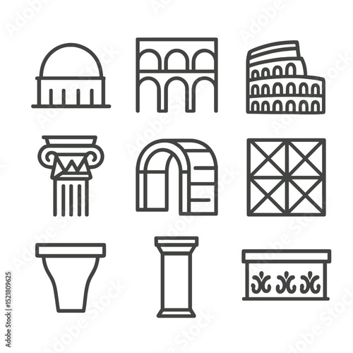 Roman Ruins Icons. Outline icon set of Roman ruins motifs: dome silhouette, aqueduct arch, amphitheater outline, Corinthian column