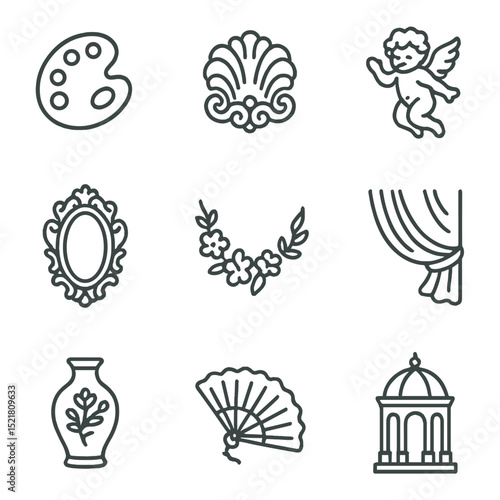 Rococo Salon Icons. Outline icon set of Rococo salon paintings: pastel palette, Rocaille shell, cherub, gilt mirror, floral