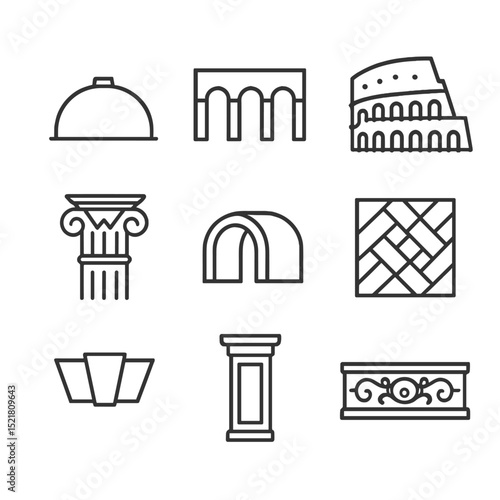 Roman Ruins Icons. Outline icon set of Roman ruins motifs: dome silhouette, aqueduct arch, amphitheater outline, Corinthian column