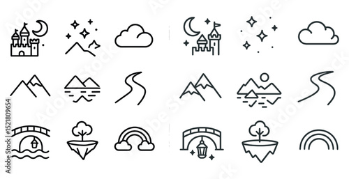 Whimsical line art: castles, nature, and night sky icons for creative designs