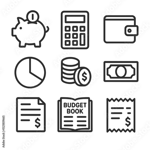 Sabbatical Budget Icons. Outline icon set of financial budgeting for sabbatical: piggy bank, calculator, wallet, pie chart, coins,