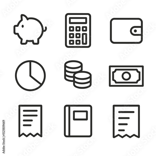 Sabbatical Budget Icons. Outline icon set of financial budgeting for sabbatical: piggy bank, calculator, wallet, pie chart, coins,