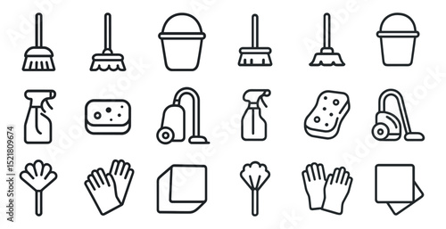 Household cleaning tools and supplies icon set for organization and design