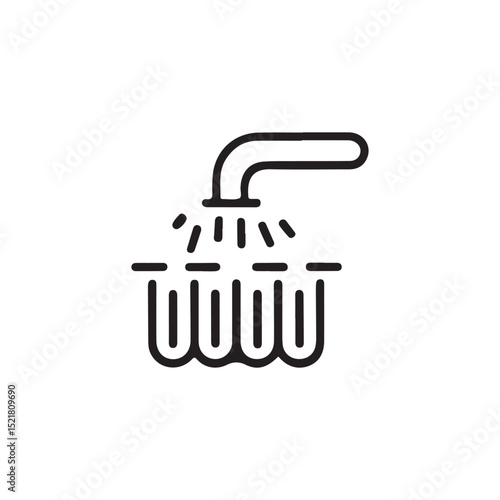 Simple line art illustration of a shower head spraying water.A clean, minimalist line drawing depicts a shower head dispensing water onto a shower stall.