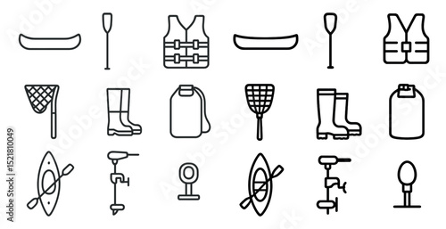 Outdoor adventure equipment icons featuring canoes and kayaks