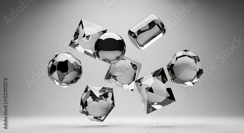 Professional 3D Render of Abstract Geometric Game Pieces Floating on Neutral Background, Minimalist Concept