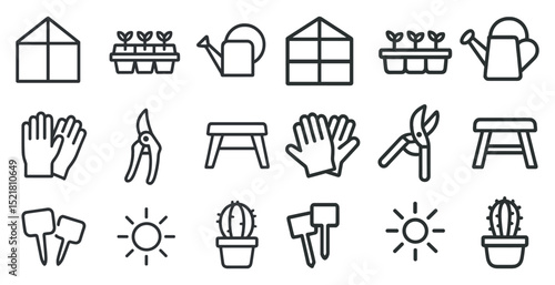 Gardening icons set featuring tools, plants, and greenhouse symbols for design use