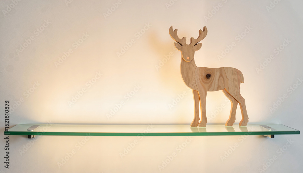Fototapeta premium Wooden deer figurine displayed on a glass shelf against a wall 