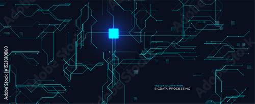 Futuristic cyber BG with motherboard and chip, abstract computer engine pattern, modern tech wallpaper for AI data cover, digital network design, innovation engineering concept. Vector background