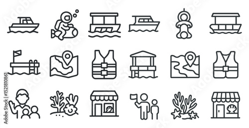 Summer beach and ocean activities outline icons set