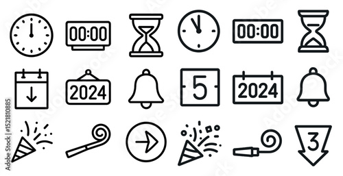 Time and celebration icons for new year 2024 designs and festive projects